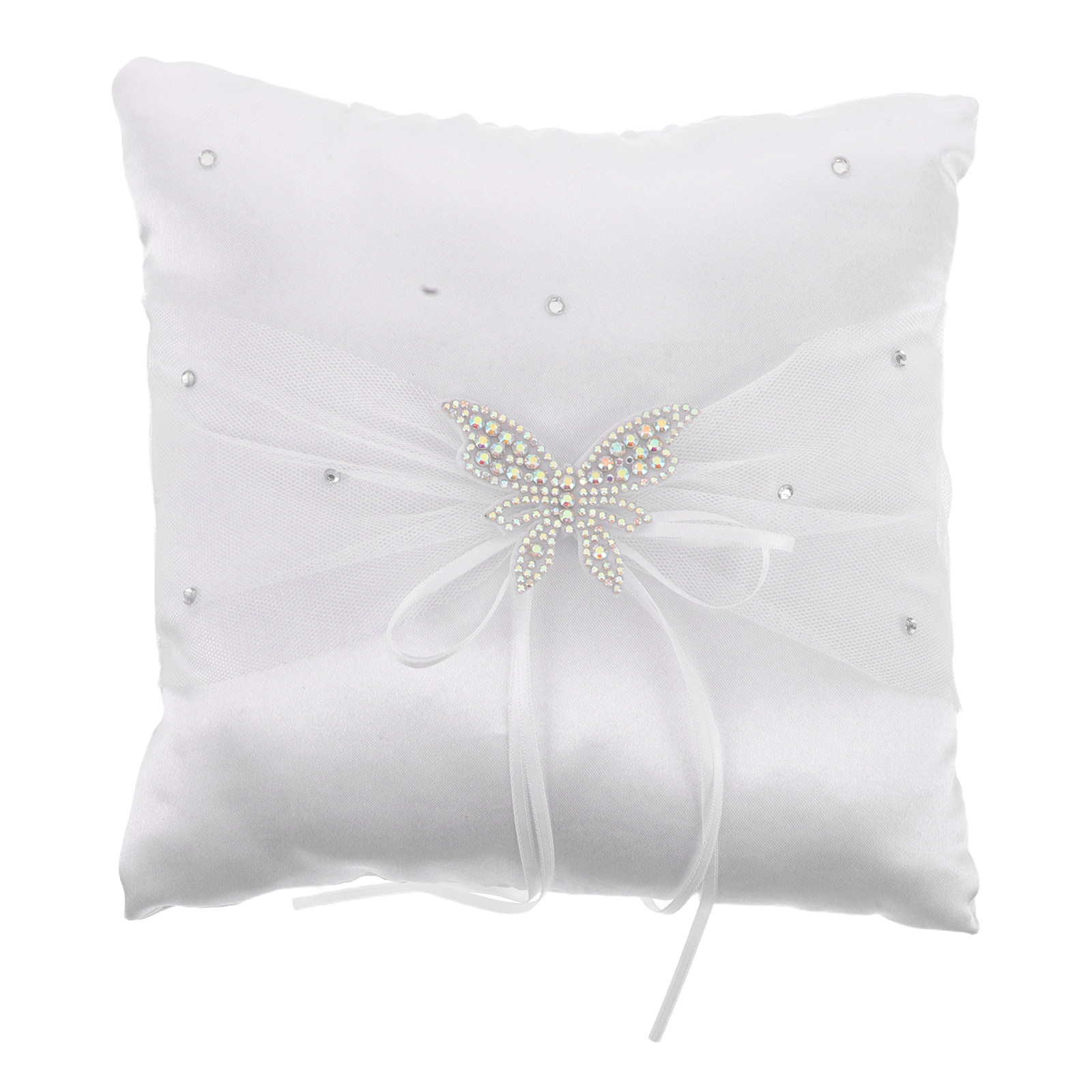 Ring Bearer Pillow - 指輪を渡す際に使うアクセサリー。上品な枕、蝶、花、白いエンゲージメント用のリボン。