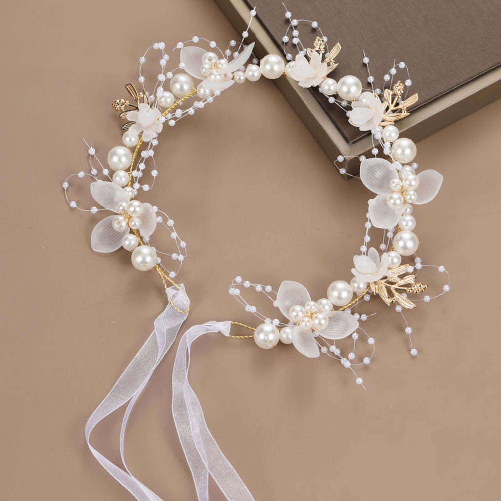 Wedding Arch Flower - 真珠の花のヘッドバンドブライダルウェディングヘアアクセサリー甘いビーズクリスタルヘアバンドファッションプロムティアラ花輪ヘアヴァイン