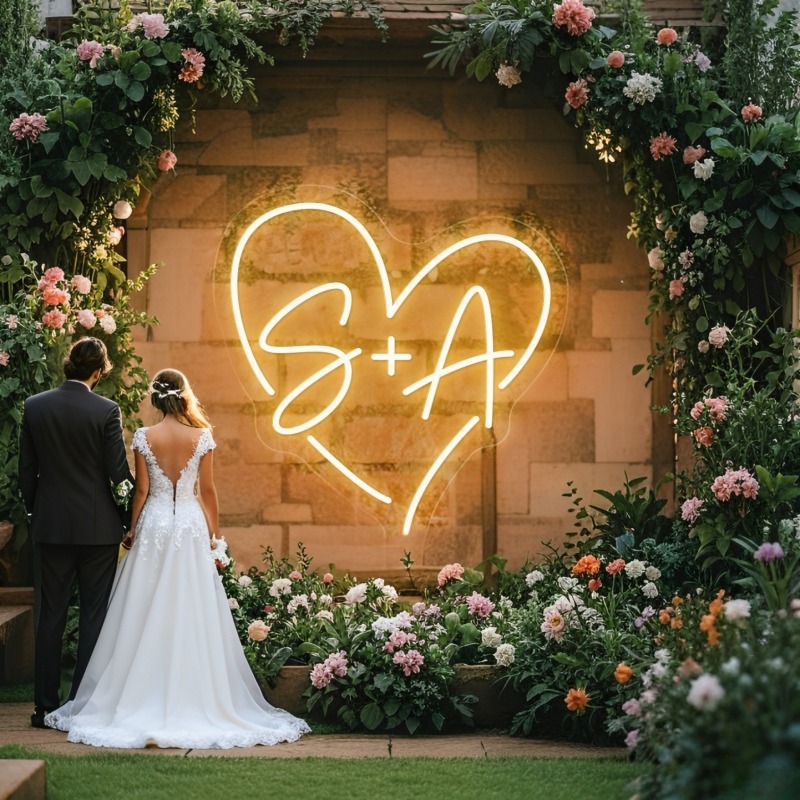 Wedding Led - カスタムイニシャルハートLEDネオンサイン、結婚式パーティーの背景、家の壁の装飾、カップルへのギフト用のパーソナライズされたネームネオンライト