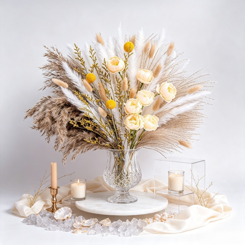 Flower Girl Basket - ミックスドライフラワーブーケ、パンパスグラス、バニーテイルグラス、クラスペディア、プリザーブドローズ、リモニア、ドライフラワーベースフィラー、ホームテーブルウェディングデコレーション、クリスマスバレンタインデーパーティーデコレーション、お母さん、ガールフレンド、女性へのホリデーギフト