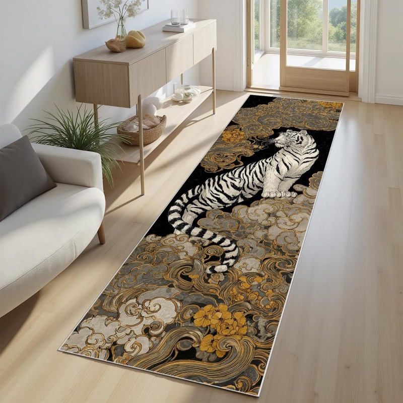 Aisle Runner White - オリエンタルホワイトタイガーランナーラグ伝統的なアジアの雲と花柄の滑り止めマットボヘミアンホームデコレーションカーペット廊下用
