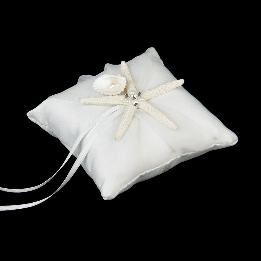 Ring Bearer Pillow - ウェディングリングベアラー用ピロー、ビーチ用、10x10cm、サテンリボン、五芒星のバックル付き、リングホルダー、記念品