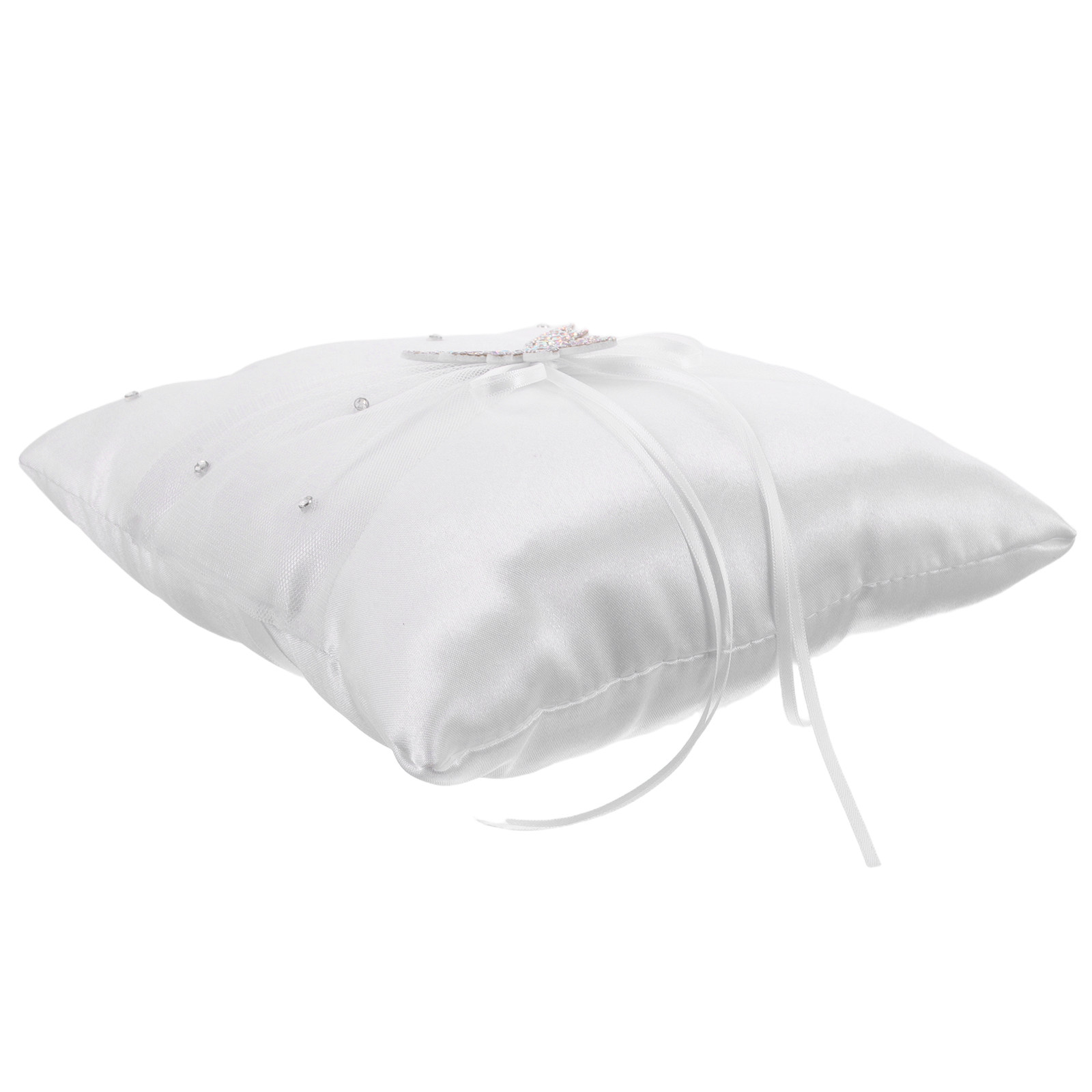 白いサテン製のウェディングリングピロー。ラインストーンのリボ - Ring Bearer Pillow のレビューと価格