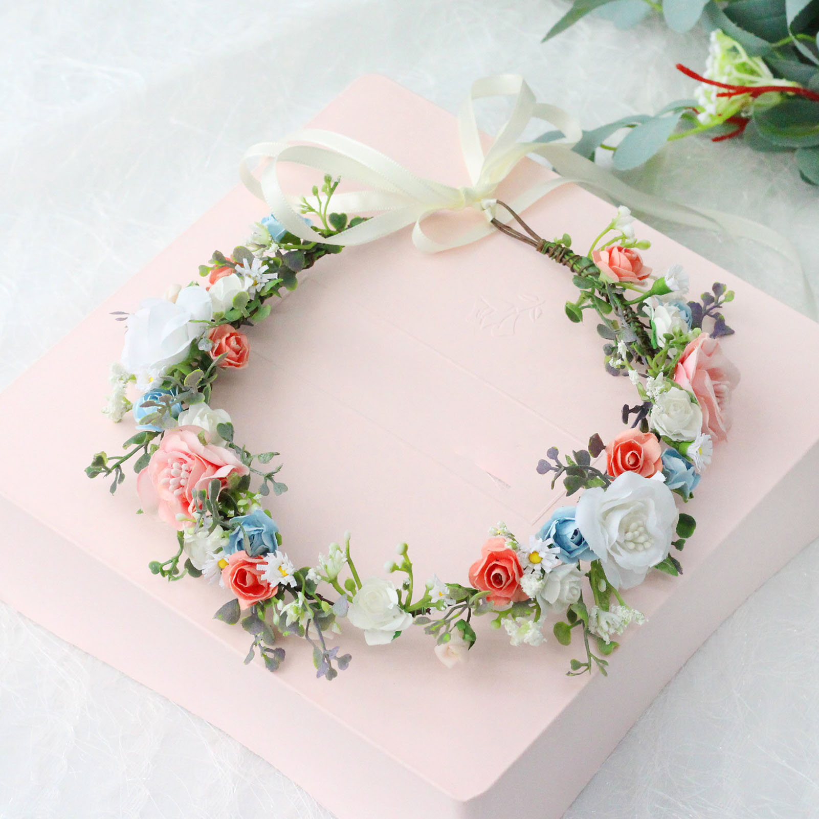 フラワークラウンリース リボン付き花冠 ハンドメイドヘッドバ - Wedding Arch Flower のレビューと価格
